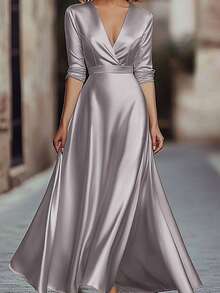 Vuslat 女士春季优雅银色缎面 V 领七分袖长款连衣裙 - 系腰带飘逸正式晚礼服，适合伴娘、婚礼、派对、正式场合，时尚法式别致奢华丝滑缎面轻盈连衣裙，适合宴会、派对、通勤、情人节等场合。 - 淺灰紫 - 查看 2
