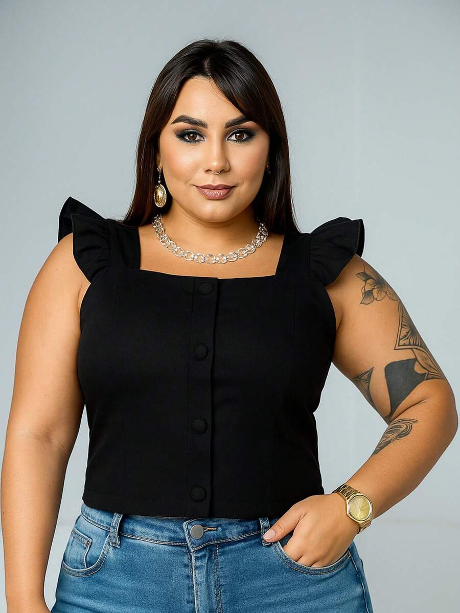 Women's Summer Plus Size Cropped Blouse With Ruffled Sleeves, Button Detail, Back Zipper, Curve Look, Sizes 44 To 54 - Negro - Ver 1