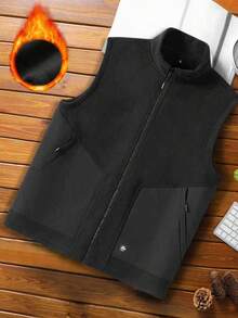 Chaqueta de forro polar gruesa para hombres, chaleco con bolsillos, forro cálido, chaqueta sin mangas con cremallera, adecuada para actividades al aire libre en otoño e invierno. - Negro - Ver 1