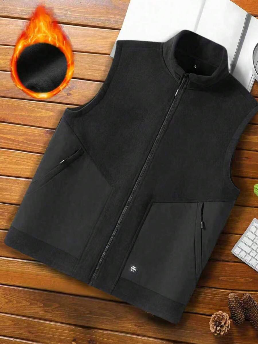 Chaqueta de forro polar gruesa para hombres, chaleco con bolsillos, forro cálido, chaqueta sin mangas con cremallera, adecuada para actividades al aire libre en otoño e invierno. - Negro - Ver 1