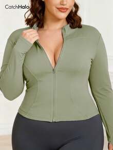 Plus Size Women's Activewear Jacket With Thumb Holes, Funnel Neck, Light Green, Suitable For Yoga, Gym, Running, Cycling, Everyday Wear Spring - Màu xanh Bạc hà - Xem 5