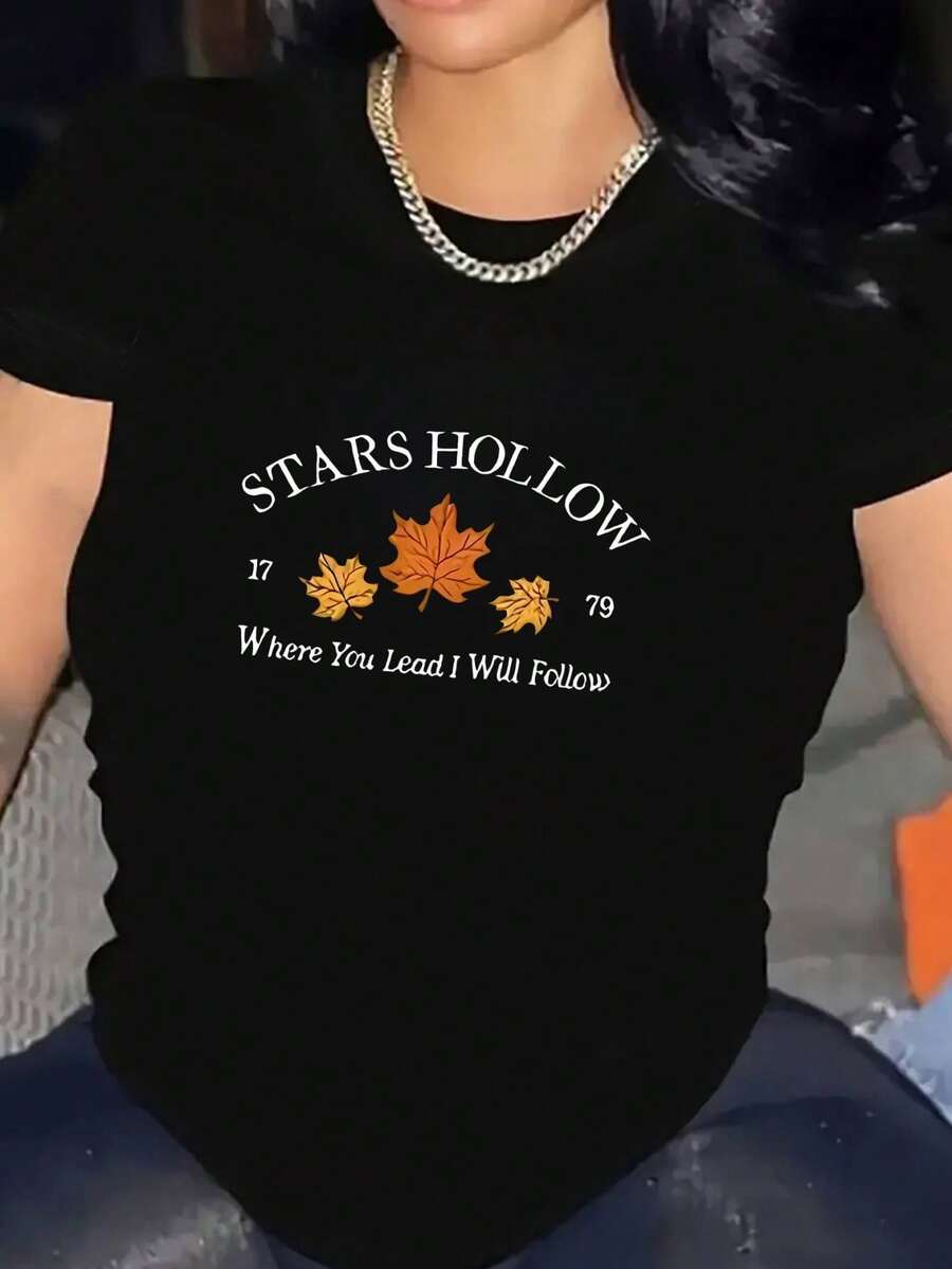 Camiseta de Manga Corta para Mujer - Estampado de Hoja de Arce, Cuello Redondo, Blusa Casual y Deportiva de Elasticidad Media, Opaca y No Transparente, Lavable a Máquina, Ajuste para Todo el Año, Ideal para Ropa Casual y Ejercicio (Camiseta Básica Versátil)
