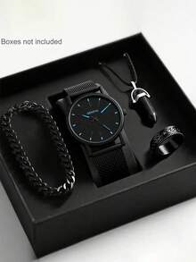 4/1pc Boys' Fashionable Business Casual Pointer Quartz Watch, Suitable For Boys To Wear, Equipped With Fashionable Bracelets, Pendant Necklaces, And Ring Sets, Suitable For Students To Wear, Very Suitable For Daily Life Such As Returning To School, Gatherings, And Travel. Birthday Gifts, Graduation Season, Christmas, Perfect Gifts For Boys(Box Not Included)