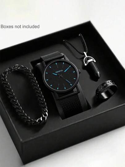 4/1pc Boys' Fashion Business Casual Quartz Watch Set With Stylish Bracelet, Pendant Necklace And Ring, Suitable For Students, Perfect Gift For Birthday, Graduation, Christmas, Ramadan, Daily Wear (Excluding Box)