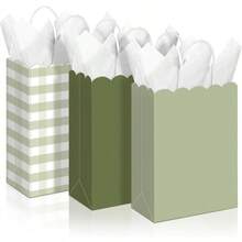D24 Pcs Sage Green Gingham Party Plies Gift Bags With Handles Scallop Kraft Paper Treat Goodie Party Favor Bags For Baby Shower Birthday Wedding Decor Sage Green - 鼠尾草綠 - 查看 5