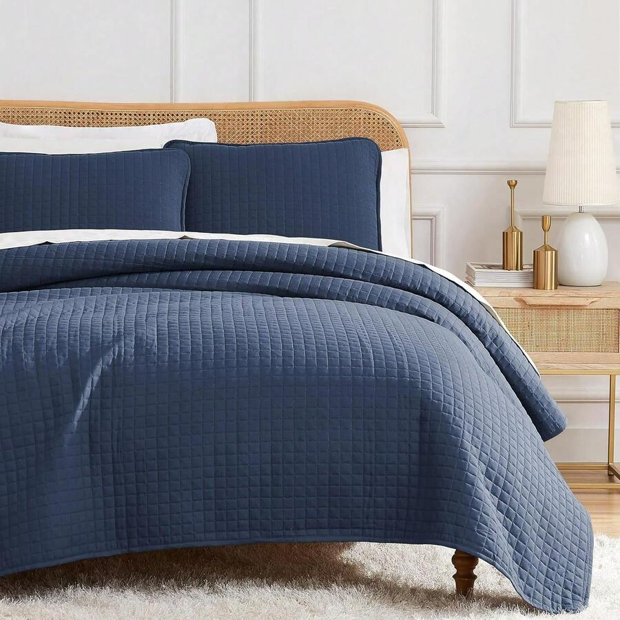 Full/Queen Quilt Bedding Set, Microfiber Quilts Queen Size, Coverlet, Stain & Pet Hair Resistant Bedding, Full Size Bedspread With 2 Pillow Shams, Bone, 2025 - 09 - 深藍色 - 查看 1