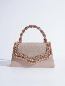闪亮水钻装饰手提包，欧美风时尚派对手拿包，优雅女士钱包，可作口红包、手机袋，派对必备，百搭女士包 - 香檳色 - 查看 6