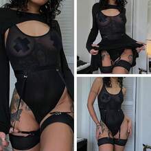Women's Sexy Mesh Bodysuit, Long Sleeve Shrug Top Cami Jumpsuit With Garter Belts And Leg Rings For Rave, Nightclub - 黑色 - 查看 5