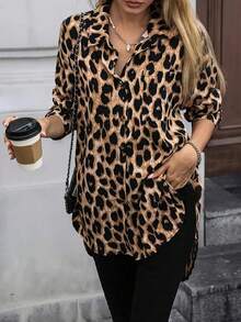 Vestido Camisero Para Mujer, Camisa Larga Estampado de leopardo, Manga Larga, Cuello Camisero, Corte Asimétrico, Con Botones - Marrón - Ver 4