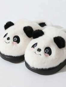 新款秋冬卡通保暖拖鞋，逼真熊猫图案，加厚绒毛内里，防滑EVA鞋底，男女皆宜的居家保暖拖鞋 - 黑色 - 查看 6