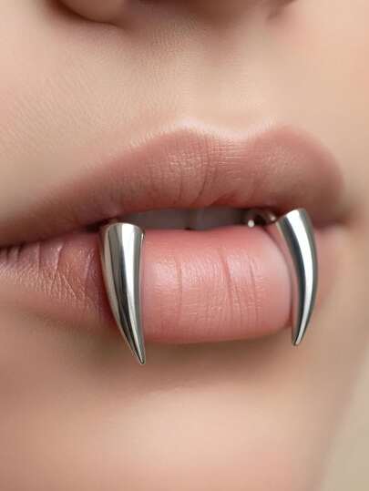 2 piezas, no es necesario perforar el anillo de labios de colmillos de vampiro, colmillos de demonio, anillo de labios falso de acero de titanio, nuevo anillo de labios falso para Halloween, regalo para novia, amigos, padres, regalo de joyería de perforación