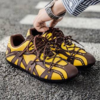 Men's Low-Top Casual Sneakers, Non-Slip Sports Shoes, Retro Style Blue & Beige Color Block Design, Round Toe Lace-Up, Unisex Loafers