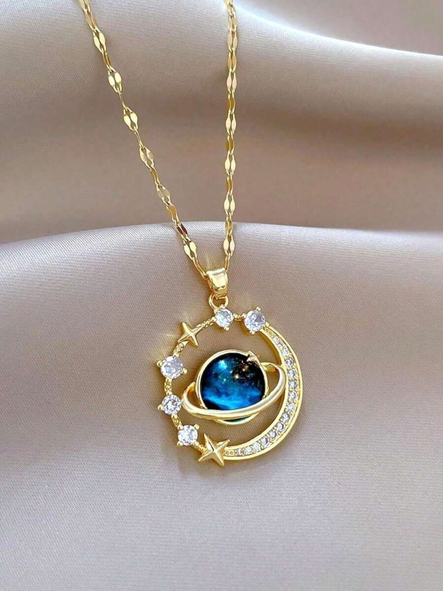 1 PC Gold Necklace For Women, Celestial Moon And Star Gemstone Pendant Necklace - Elegant Night Sky Jewelry For Women - 金色 - 查看 1