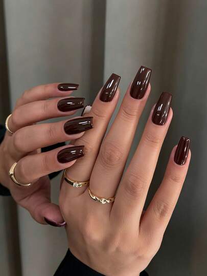 24 piezas de pegatinas de uñas acrílicas cuadradas medianas de unicolor estilo Y2K, color marrón francés, adecuadas para salones de uñas, niñas y mujeres para uso diario, festivales, fiestas y regalos de Año Nuevo