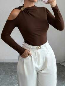 Camiseta casual de primavera con diseño de hombros descubiertos y ajuste estilizante para tallas grandes - Café integral - Ver 1