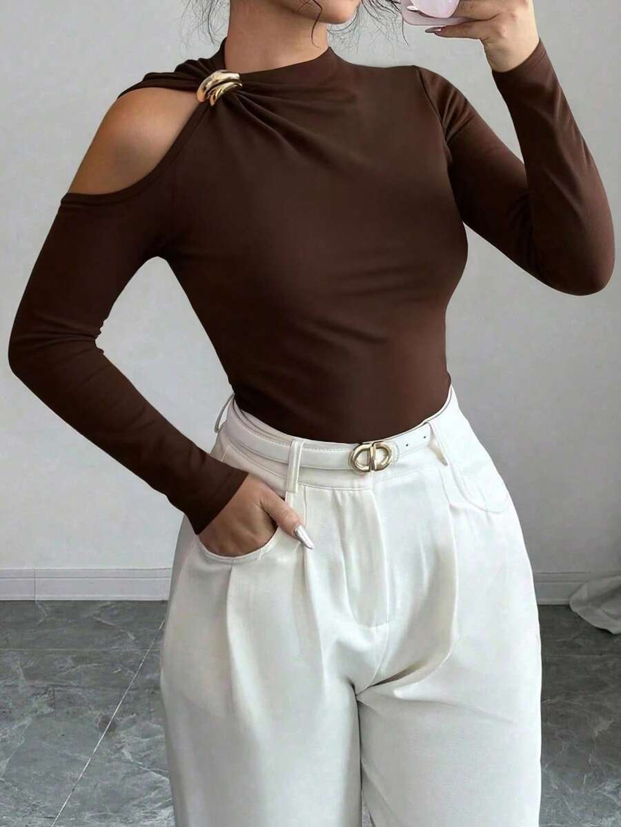 Camiseta casual de primavera con diseño de hombros descubiertos y ajuste estilizante para tallas grandes - Café integral - Ver 1