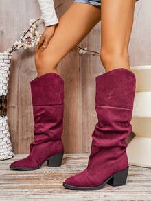 Women's Autumn/Winter New Velvet Pleated Slouchy Tall Boots, Vintage Pointed Toe Chunky Heel High Heel Shaft Boots, Burgundy Cool Fashion Boots, High Heel Chunky Heel Fashion Punk Style Chelsea Boots, Outdoor Casual Fashion Boots - Burgundy - View 3