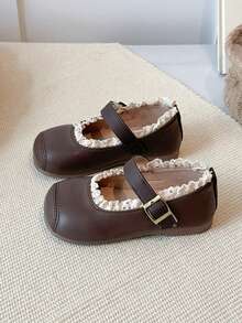 2025 Christmas & New Year Gift, 3-12 Years Old Girls, Dark Brown & White Wavy Lace, PU Leather Anti-Slip, Metal Buckle Low-Top Closed Toe Flats, Retro Sweet Princess Shoes, Suitable For Daily Wear, School Activities, Best Seller