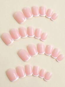 24Pcs Short Square Press On Nails French Tip Press On Nails With Leaves And Golden Line Art Minimalist Design Full Cover Fake Nails For Women And Girls Daily Wear Nail Supplies Nails - 彩色 - 查看 4