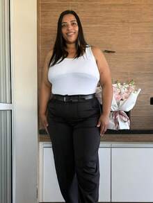 Straight Leg Plus Size Tailored Trousers 46-50 With Belt, Button And Zipper Closure 8827 - 黑色 - 查看 3