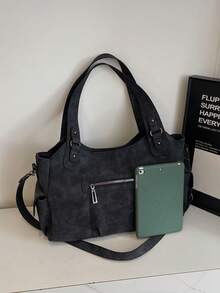 Retro Minimalist Large Capacity Fashion Student/Work Commute Tote Bag - Black - View 4