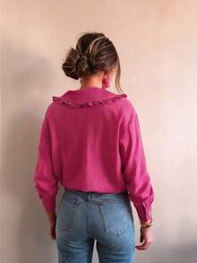 Autumn And Winter Women's Fashion Elegant Casual Simple Daily Commuter Rose Pink Striped Metal Heart Button Basic Shirt, Autumn Women's Going Out Tops, Business Casual Women's Clothing - Hot Pink - View 4