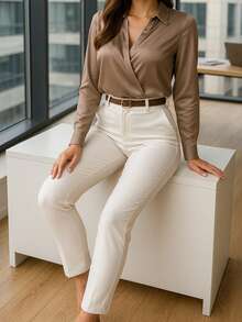 Pantalón Ajustado para Dama con Cinturón.  Tela Elástica - Blanco - Ver 4