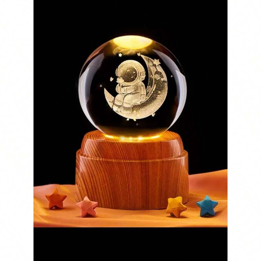 Esfera 3D Giratoria de 6CM Decorativa con Base de Madera Plástica y Luz LED Cálida