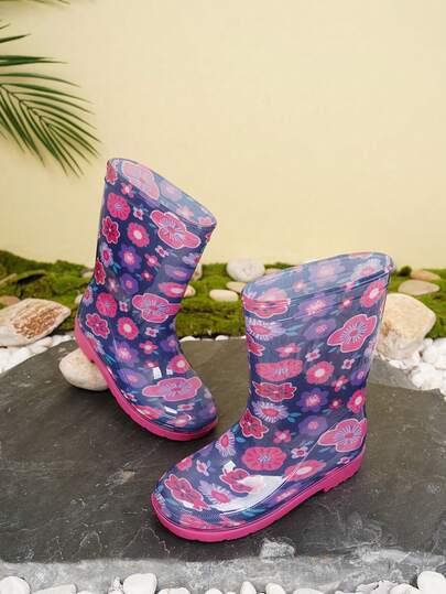 1双时尚儿童花卉恐龙图案雨靴，男女童轻便防滑橡胶鞋，带提手，耐用防水雨靴，适合户外、雨天和沙滩玩耍