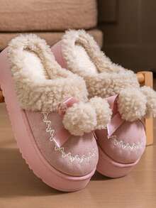 Trending Cross-Border Thick Sole Fluffy Slippers For Women, Wear-Resistant Warm Slippers With Cute Bow & Pom Pom For Home Use In Winter