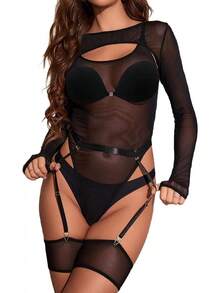 Women's Sexy Mesh Bodysuit, Long Sleeve Shrug Top Cami Jumpsuit With Garter Belts And Leg Rings For Rave, Nightclub - 黑色 - 查看 12