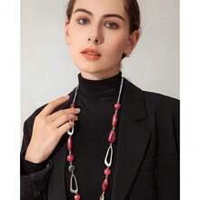 Noessla Layered Long Necklaces For Women Crystal Beaded Statement Necklace Sweater Silver Chain With Gifts Box Jewelry{Inchcolor_nameinch:Inch07-Redinch} - 07-Merah - View 5