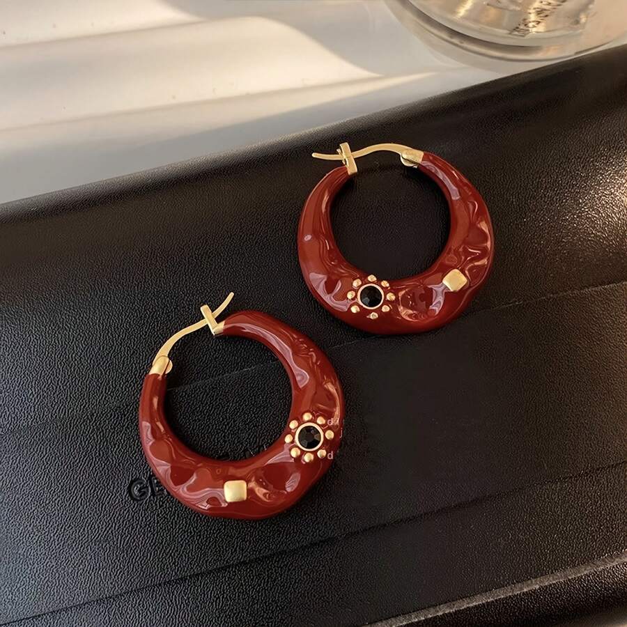 French Vintage-Inspired Chic Hoop Earrings - Black & Red Enamel, Sparkling Rhinestones, Zinc Alloy, Copper Posts For Everyday & Party Wear - màu đen - Xem 1