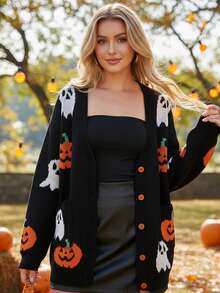 Womens Halloween Knit Cardigan Ghost Pumpkin Ribbed Trim Button Down V Neck Long Sleeve Sweater Jacket - Black - View 2