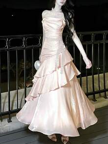 优雅别致晚宴鸡尾酒会礼服婚礼宾客蕾丝荷叶边长款吊带连衣裙修身沙滩装女装 - 淺粉色 - 查看 7