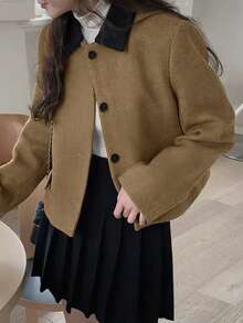 Women's Autumn/Winter Short Contrast Color Collar Overcoat - Khaki - View 5