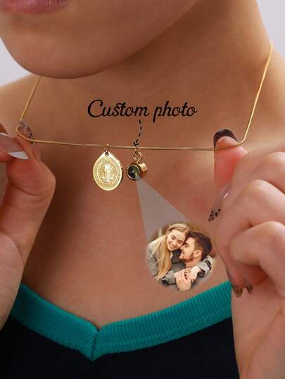 Collar personalizado con colgante de foto religiosa proyectada, collar de cadena de serpiente redonda de acero inoxidable, adecuado para novia, esposa, cumpleaños, aniversario, San Valentín, Año Nuevo, casual, lindo, personalizado, único, gran regalo para novia, madre, familia, amiga, hija, aniversario, San Valentín, Día de la Madre, cumpleaños, graduación, uso diario, boda, baile de graduación, joyería personalizada, regalo de Navidad
