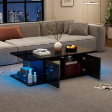 100*50*30cm Living Room Coffee Table, Sofa Table With LED, High Gloss + Tempered Glass Design, Coffee Table With 2 Cabinets, Simple Design Side Table, Black, Chipboard - Black - View 5