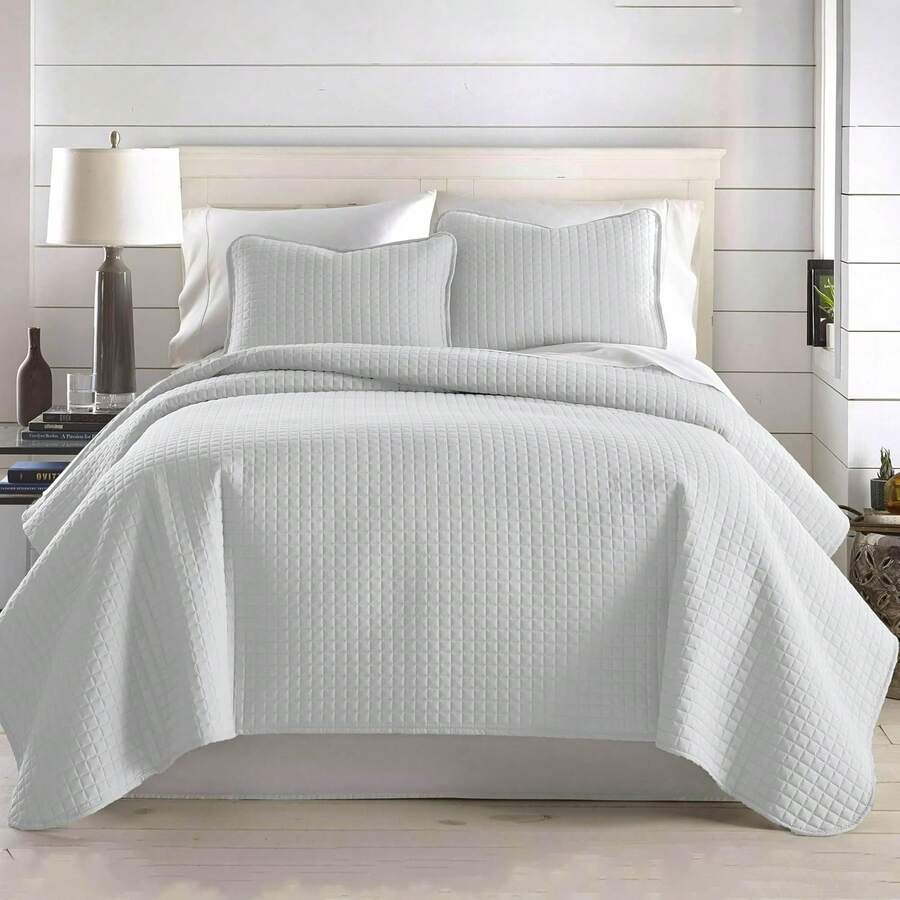 Full/Queen Quilt Bedding Set, Microfiber Quilts Queen Size, Coverlet, Stain & Pet Hair Resistant Bedding, Full Size Bedspread With 2 Pillow Shams, Bone, 2025 - 13 - 淺灰色 - 查看 1
