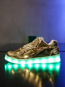 USB充电式LED 16种模式彩色灯光休闲运动鞋，男女通用，发光运动鞋，适合荧光舞蹈、街舞、夜店等场合，成人款，纯色平底鞋，切尔西靴，金属色鞋款 - 金色 - 查看 8