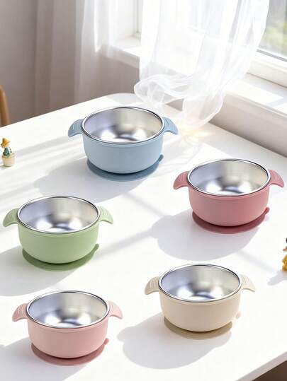 304 rostfritt stål babyskålar med avtagbart silikonskal småbarnsskålar barnskålar skållningsfri mellanmålsbehållare för matning, diskmaskin (sug)