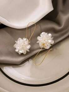 Exaggerated Design Long Floral Ball Earrings With White Petals & Geometric Ear Studs, Women's Daily Wear - White - View 7