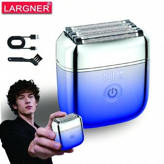 LARGNER Afeitadora eléctrica de viaje para hombres, recargable por USB-C, 60 minutos de autonomía, cuchillas desmontables y lavables, uso en seco y húmedo, kit de aseo portátil