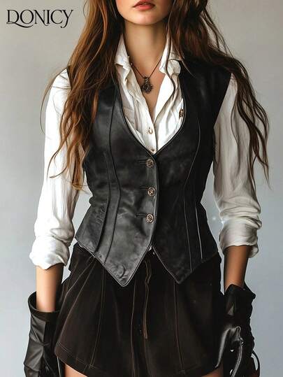 DONICY Women's Retro Casual Solid Color Front Button Waist PU Suit Vest, Black Leather Vest, Sleeveless Minimalist Formal Women's Suit Jacket With Waist Design, Slim Fit, Suitable For Spring/Summer, Layering, Street Style, Party, Date And Other Occasions, Valentine's Day, Carnival
