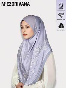 Lenço Hijab elegante em poliéster com estampa floral e de trevo (1 peça), moderno para uso diário e para orações, ideal para o outono/inverno. - Estampa de perfuração a quente da moda - Ver 17
