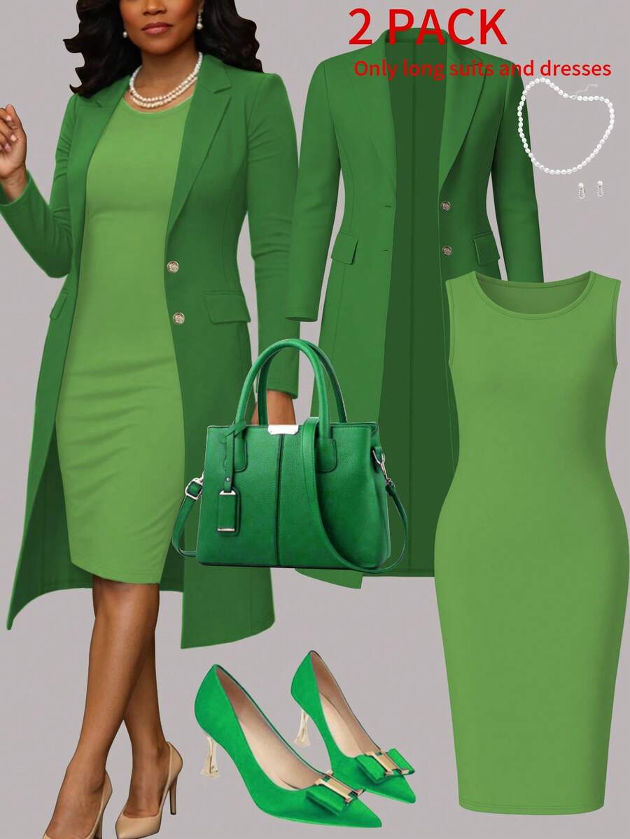 Bộ 2 món thanh lịch dành cho nữ, Áo khoác cardigan dài tay màu trơn + Váy midi không tay, Thu/Đông - Xanh lá cây 19+18 - Xem 1