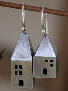 زوج من أقراط نسائية على شكل منزل نحاسي قديم، أقراط خطاف، هدية مجوهرات للمناسبات والاحتفالات والحفلات، هدية عيد مثالية - فضي - مشاهدة 1