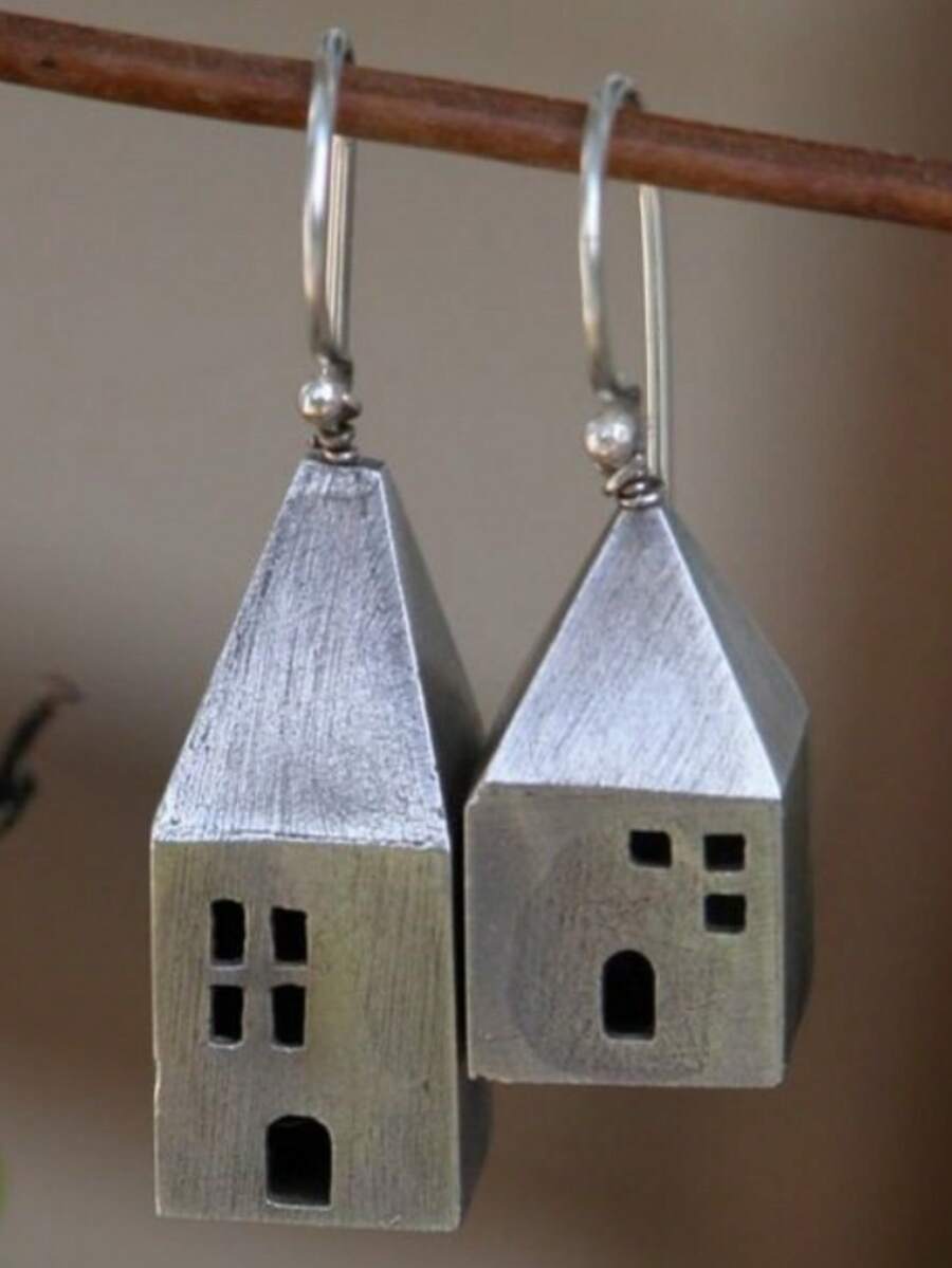 زوج من أقراط نسائية على شكل منزل نحاسي قديم، أقراط خطاف، هدية مجوهرات للمناسبات والاحتفالات والحفلات، هدية عيد مثالية - فضي - مشاهدة 1