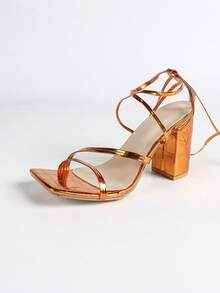 女士橙色高跟凉鞋,长系带至小腿,方头粗跟,舒适时尚,百搭高跟鞋,露趾设计拉长腿部线条,粉嫩别致鞋款 - 橘色 - 查看 7