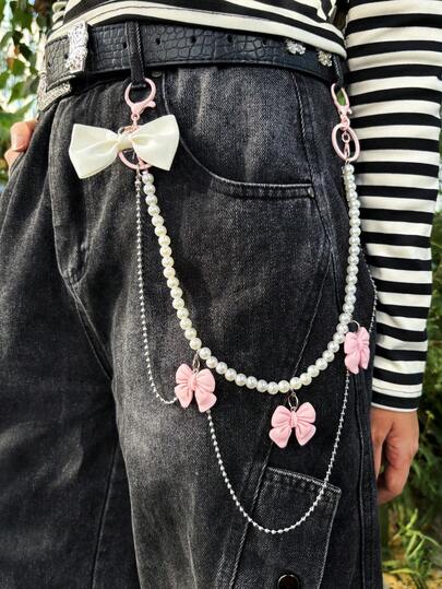 1 buc lanț de pantaloni cu perle și mărgele, lanț decorativ cu fundă roz, accesoriu pentru pantaloni, lanț decorativ, personalizat unisex, lanț pentru pantaloni, potrivit pentru decorarea pantalonilor, ocazii casual, festivaluri de muzică, accesorii de petrecere